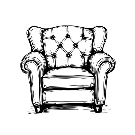 A hand-drawn illustration of an armchair showcasing its tufted detailing and classic style. The sketch evokes a sense of comfort and relaxation, making it suitable for representing home decor,のイラスト素材
