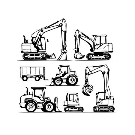 A collection of construction vehicles rendered in a stark black and white style. This graphic showcases a variety of equipment, including tractors, excavators, and trailers. The bold outlines andのイラスト素材