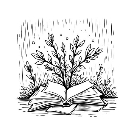 A simple yet evocative illustration depicts an open book with lush foliage sprouting from its pages. Whimsical raindrops fall gently from above, symbolizing the nourishment of knowledge and theのイラスト素材
