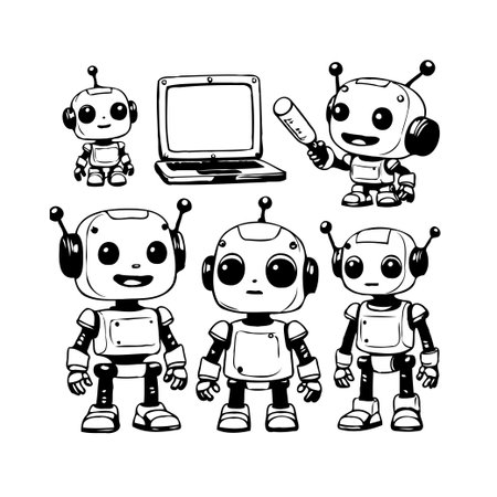 A collection of vector illustrations showing various retro-styled robots. These charming designs capture the essence of future technologies. Featuring robots with laptops, rayguns, and cheerfulのイラスト素材
