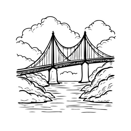 Detailed line art showcasing a majestic bridge gracefully spanning a calm river, crowned by fluffy clouds. This intricate sketch captures the blend of engineering and natural beauty, creating aのイラスト素材