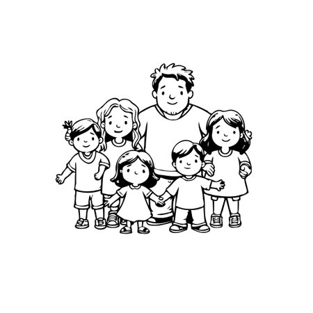 This illustration depicts a father and mother with their children in a heartwarming cartoon style. The image illustrates the family together and shows the joy and bonds of togetherness, friendship,のイラスト素材