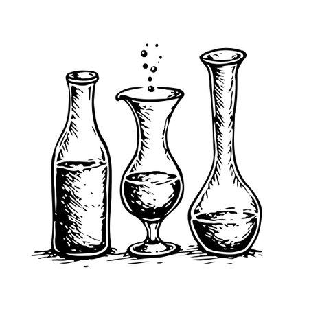 A detailed, monochrome illustration shows three distinct glass containers filled with different levels of liquid. The central vessel has a bubbling effect at the top, suggesting a dynamic chemicalのイラスト素材