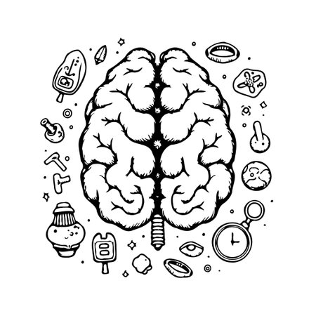 An imaginative illustration presents a stylized brain surrounded by whimsical doodles symbolizing thoughts, memories, and cognitive functions. The artwork evokes the power of thinking, illustratingのイラスト素材