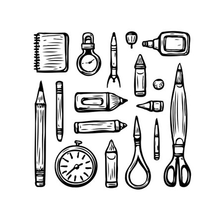 A charming hand-drawn illustration showcases a collection of various stationery items. This simple yet detailed sketch features classic school and office instruments arranged to create an engagingのイラスト素材