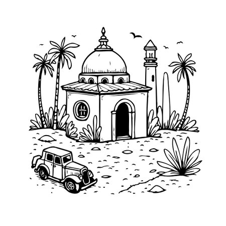 Experience the allure of a bygone era with this black and white illustration. A vintage car ventures towards a magnificent building, nestled amidst tropical flora and swaying palm trees. Thisのイラスト素材