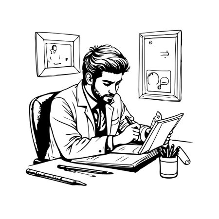 A focused man wearing professional attire sits at his desk engrossed in paperwork, writing and studying documents. The monochrome artistic style and framed pictures complement the officeのイラスト素材