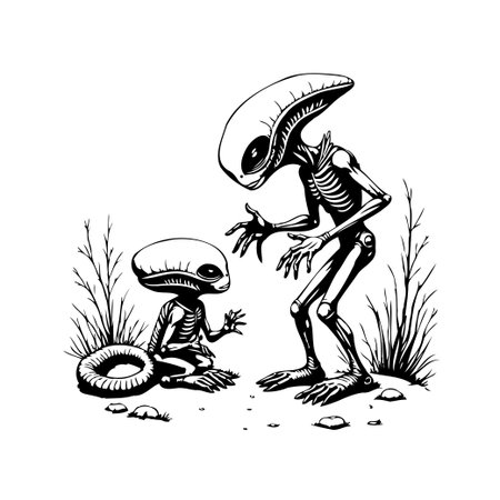 A black and white illustration presents a surreal encounter: a tall, slender alien interacts with a smaller, seated alien. The landscape is minimalist, emphasizing the starkness of their meeting inのイラスト素材