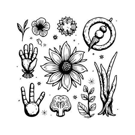 A collection of detailed, monochromatic botanical illustrations, each unique in form and character. These hand-drawn style floral elements create an organic and imaginative visual, ideal forのイラスト素材