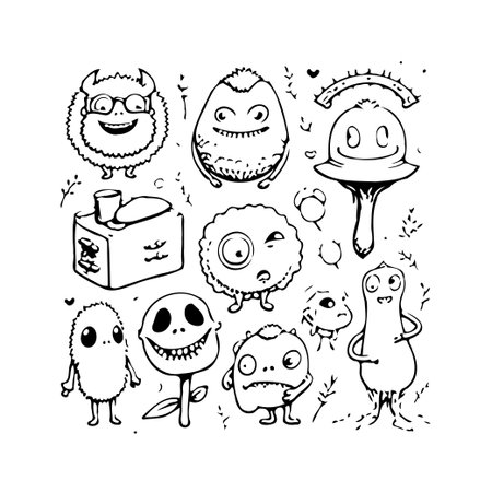 A collection of playfully drawn monsters in a whimsical style evokes a sense of childhood fantasy. These ink illustrations are reminiscent of sketchbook doodles, perfect for creating engagingのイラスト素材