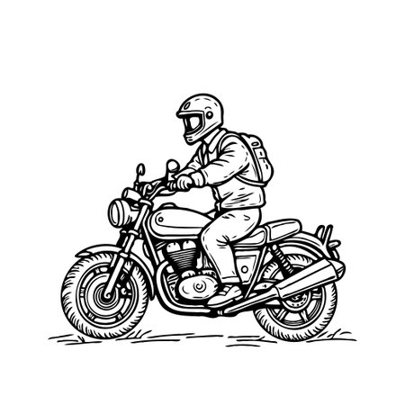 A striking monochrome illustration showcases a motorcyclist, helmeted and equipped with a backpack, astride a classic motorcycle. The drawing captures the essence of vintage transport andのイラスト素材