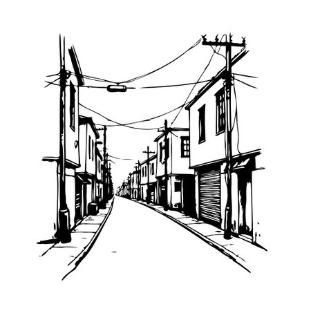 Captivating street illustration, showing a tranquil neighborhood. The vintage architecture and intricate details offer a glimpse into the past. The buildings, electricity lines and the road create aのイラスト素材