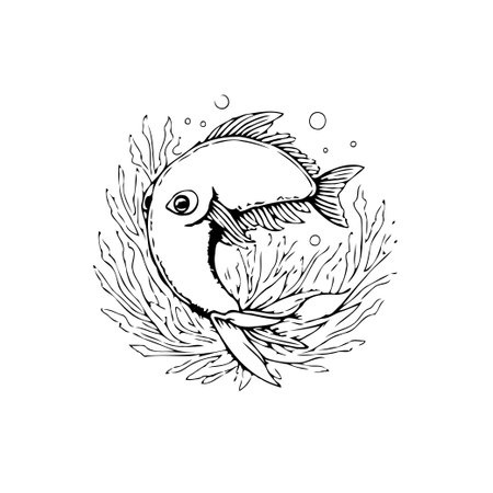 A simplistic monochrome drawing features a fish gracefully navigating through seaweed, accompanied by delicate bubbles. The design's minimalist aesthetic showcases the inherent beauty of underwaterのイラスト素材