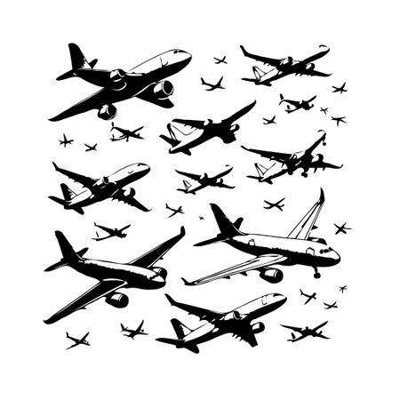 A striking visual composition presenting a multitude of black and white airplane silhouettes, evoking the essence of air travel and the spirit of adventure. The arrangement creates a dynamicのイラスト素材