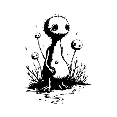 This whimsical monochrome illustration portrays a fantastical creature in a surreal setting. The image exudes a sense of oddity and wonder, reminiscent of a darkly charming fairytale. Its quirkyのイラスト素材