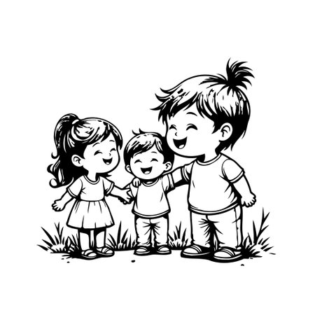 A delightful illustration showcases the pure joy and innocent connection between three young children. Their smiles and laughter create a heartwarming image of friendship and familial love, capturedのイラスト素材