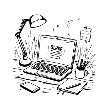 A hand-drawn monochrome illustration showcases a tidy workspace with a laptop, lamp, stationery, and a smartphone on a desk. The artistic design promotes a minimalist work environment and theのイラスト素材