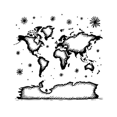 A hand-drawn stylized world map showing the continents and Antarctica. The design incorporates whimsical snowflake-like elements, creating a unique and artistic representation. The black and whiteのイラスト素材