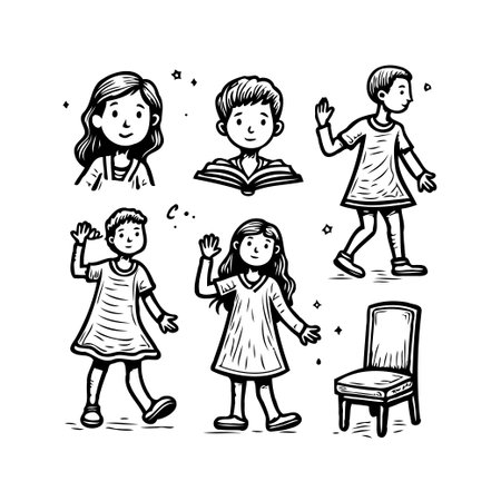 Captivating monochromatic illustration featuring diverse children in playful poses alongside an empty chair. The design emphasizes friendship, education, and the joy of learning. Ideal for depictingのイラスト素材
