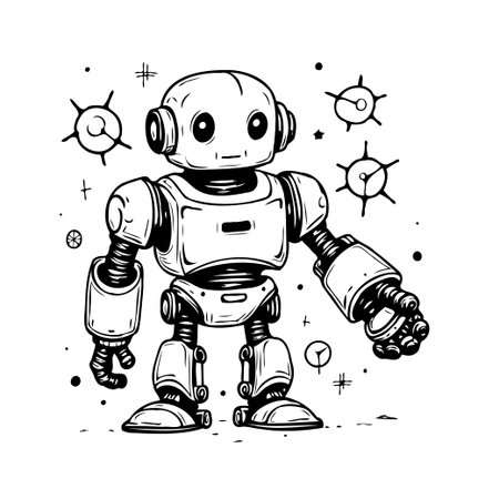 A playful monochrome illustration depicts a friendly robot, with simple yet captivating design surrounded by futuristic elements. The robot's appearance is inviting, suggesting technologicalのイラスト素材