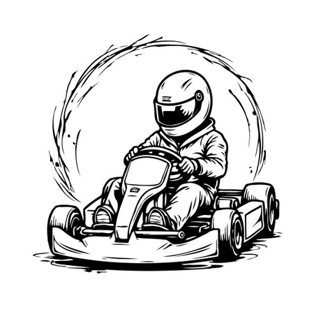 A striking black and white sketch depicts a person energetically driving a go-kart, adorned with racing gear including a helmet. An abstract swirling circle behind gives a sense of movement andのイラスト素材