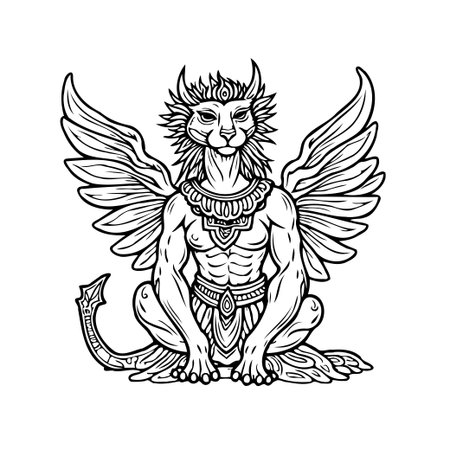 An elaborate drawing portrays a winged sphinx, a mythical creature blending feline grace with human features. The artwork showcases detailed linework, evoking a sense of ancient mythology and ornateのイラスト素材