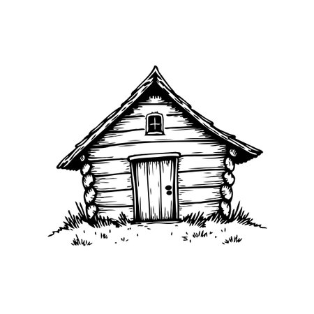 A charming and simple drawing presents a log cabin with a distinctive front facade. The cabin is constructed of horizontal logs, a door at its center, and a triangle roof. The drawing evokes a senseのイラスト素材