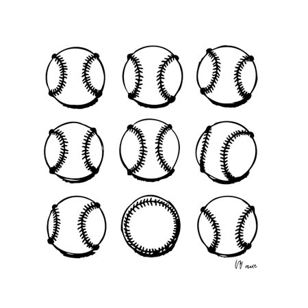 This graphic illustration presents nine baseballs meticulously arranged in a grid formation. The black outline against a white background gives it a clean and simplistic yet artistic feel.のイラスト素材