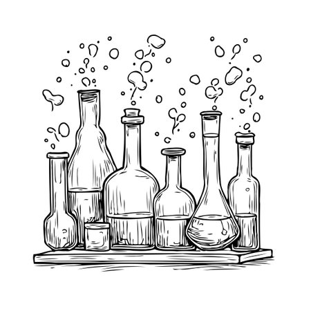 A sketched arrangement features diverse glass beakers and flasks, some bubbling, standing on a rough-hewn wooden shelf. The monochrome illustration evokes a sense of scientific exploration andのイラスト素材