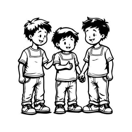 A charming monochrome illustration showcases three young cartoon boys, their faces beaming with smiles, standing side-by-side. They exude camaraderie, gesturing and holding hands to convey a senseのイラスト素材