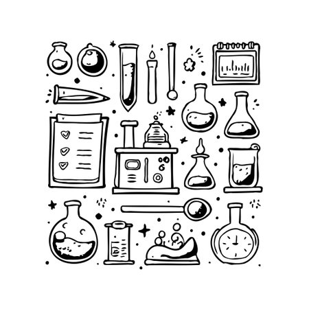 Hand-drawn illustration featuring an assortment of chemistry lab equipment. Depicts flasks, beakers, test tubes, and other tools used in scientific experiments and chemical processes. Ideal forのイラスト素材