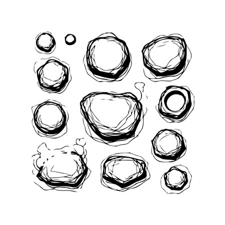 A collection of hand-drawn circles and ring shapes with irregular, chaotic outlines. The image showcases a whimsical, doodle-like style that creates a modern and abstract aesthetic. These elementsのイラスト素材