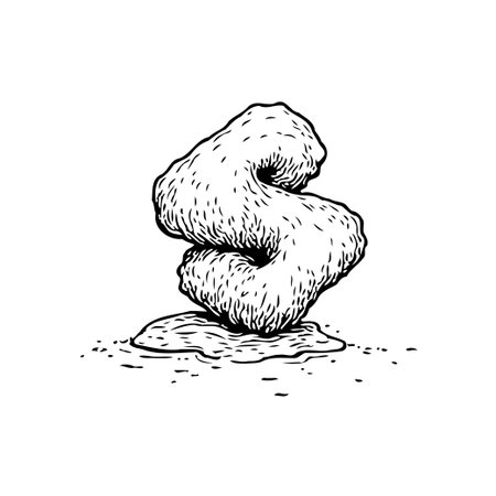 This is an artistic monochrome illustration. The artwork showcases an abstract form that bears a resemblance to organic matter, distinguished by its textured surface. Placed firmly on the ground,のイラスト素材