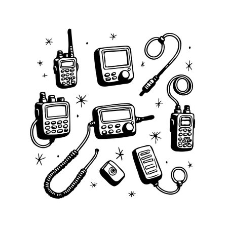 This artistic representation showcases various retro communication technologies in simple black and white. From handheld radios to complex transceivers, the illustration captures the spirit ofのイラスト素材