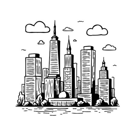 A simplistic sketch depicts a city's skyline, dominated by towering skyscrapers and dotted with fluffy clouds. A minimalist art style focuses on the essential structure, making a bold impression ofのイラスト素材