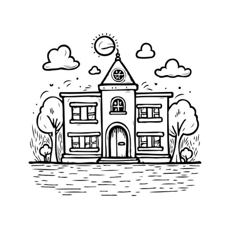 A charming hand-drawn schoolhouse illustration featuring a whimsical design with simple lines, clouds, and a sun. Evokes a sense of nostalgia, childhood learning, and academic aspiration in anのイラスト素材
