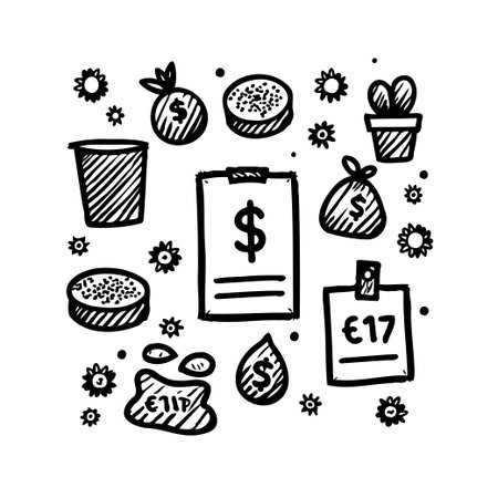 Hand-drawn vector illustration of varied economic symbols, including US dollars and Euros, depicting finance, trade and investment opportunities. This graphic style effectively represents theのイラスト素材