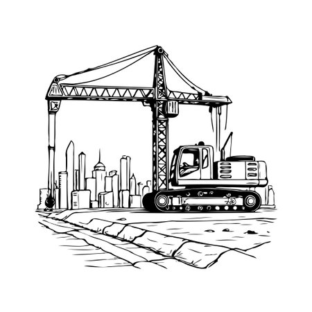 A detailed sketch depicts a crane overlooking a cityscape, symbolizing urban development and construction. The image represents the progress of infrastructure projects, hinting at innovation andのイラスト素材