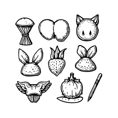 A collection of stylized monochrome doodles featuring whimsical animal shapes, various vegetable forms, a musical instrument, and a pen. The hand-drawn artistic expressions create a playful andのイラスト素材