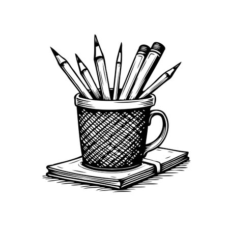 A detailed monochrome illustration depicts a collection of pencils and pens arranged in a patterned container resting on a closed notebook, emphasizing themes of creativity, education, and officeのイラスト素材
