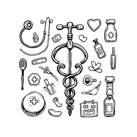 This artistic doodle illustration presents a collection of essential medical tools and related elements. It highlights themes of health, wellbeing, and care, making it suitable for visuallyのイラスト素材