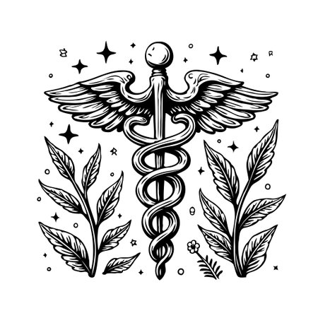 A meticulously designed monochrome image showcasing the caduceus symbol with a central rod wrapped by snakes, wings at the top, and surrounded by stylized botanical elements and astral stars,のイラスト素材