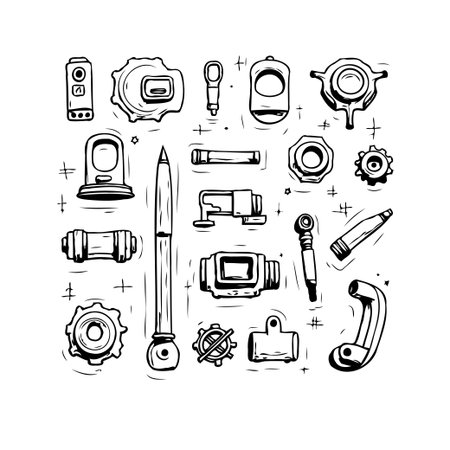 A collection of technical sketches showcases various mechanical components and engineering elements. The hand-drawn style and vintage design creates a retro artistic mood. This image may be used asのイラスト素材