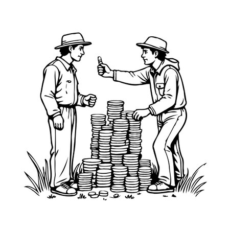 A black and white illustration depicts two men in hats standing near a sizable stack of coins. One man gestures with a raised thumb, seemingly discussing financial aspects, suggesting wealthのイラスト素材