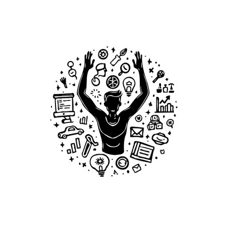 A stylized illustration presents a black silhouette of a person with raised arms, encompassed by a variety of hand-drawn icons representing concepts such as innovation, design thinking, strategy,のイラスト素材