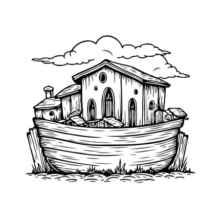This is a black and white illustration depicts a whimsical, ark-like structure with a house built on a boat at sea. The ark floats serenely beneath stylized clouds creating a peaceful atmosphere. Itのイラスト素材