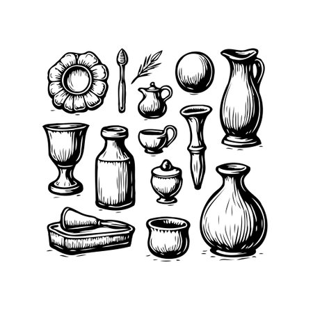 Hand-drawn assortment of vintage tableware. This rustic collection showcases artistic illustrations of pottery, ceramic containers and decorative vessels. Perfect for graphic design elements,のイラスト素材