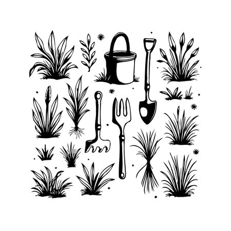 Elegant monochrome illustration showcasing a variety of gardening tools such as a bucket, shovel, and fork surrounded by various plants and leaves, evoking a sense of springtime and the flourishingのイラスト素材