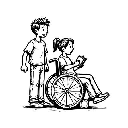 A heartwarming sketch shows a young boy standing beside a girl in a wheelchair. The scene emphasizes friendship, support, and inclusivity, portraying a positive message of togetherness andのイラスト素材
