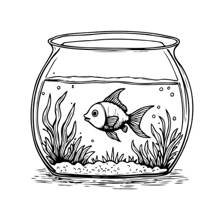 A hand-drawn illustration showcasing a goldfish gracefully swimming within a classic fishbowl, complemented by delicate aquatic plants and gentle bubbles. This monochrome artwork captures theのイラスト素材